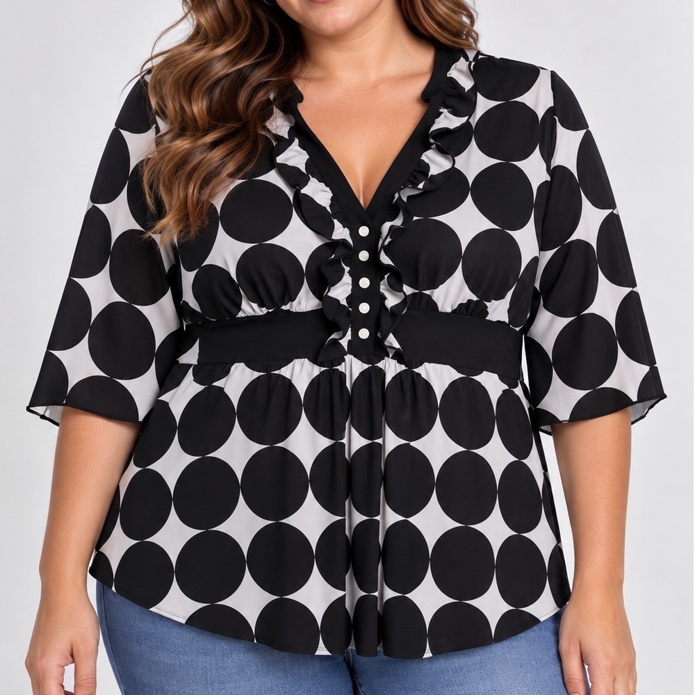 Black White Polka Dot Tunic Blouse Women XL Ruffle V Neck Empire Waist Retro Mod
